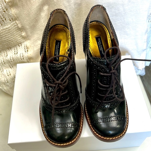 Dolce&Gabbana Brown Patent Leather Lace Up Loafer Pumps chunky heels retro 38.5 - Picture 4 of 17